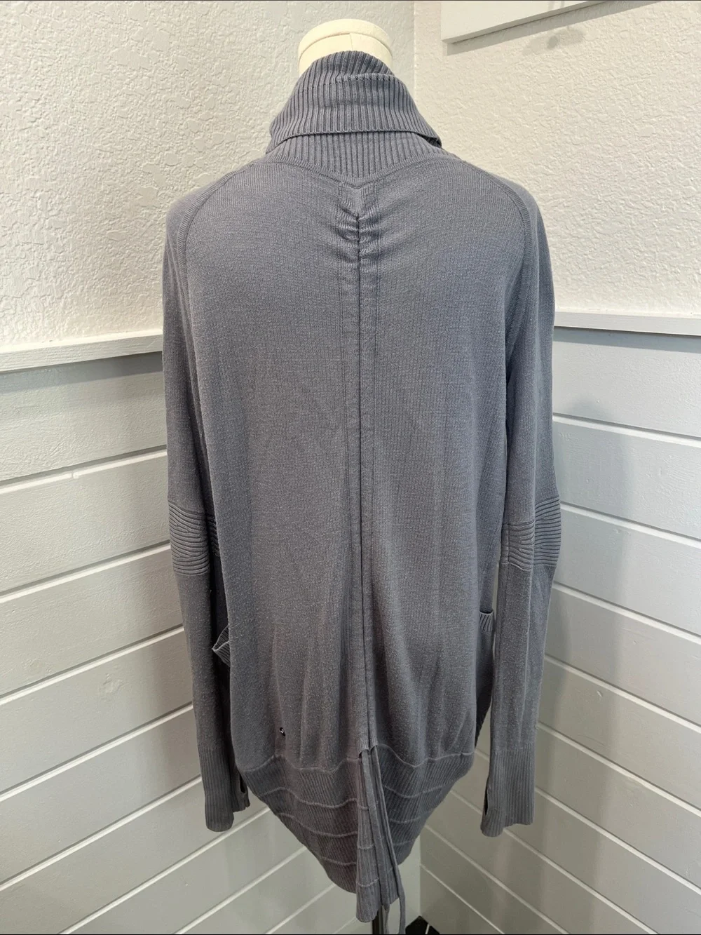 Gray Open-Front Ribbed Shawl Collar Sweater